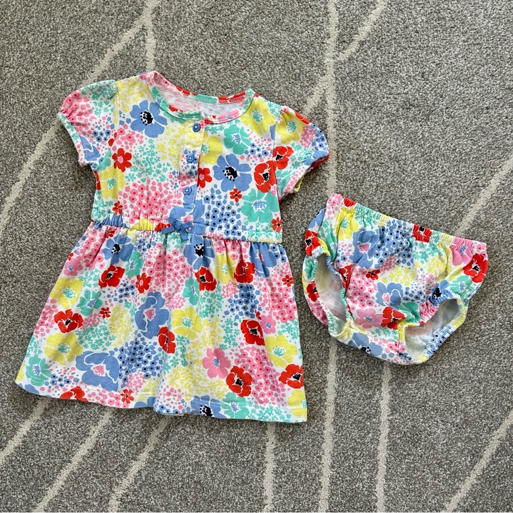 Carters Pink Colorful Floral Cotton Summer Dress w/ Matching Bloomer 12M